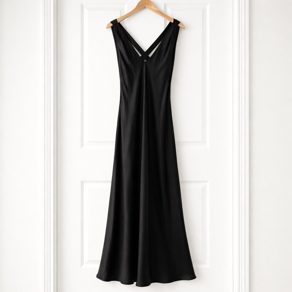 Vtg A.B.S. Allen Schwartz Black Satin Maxi Gown Open Back Goth Glam Siren 6